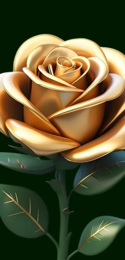 Golden rose with green leaves on a dark background.