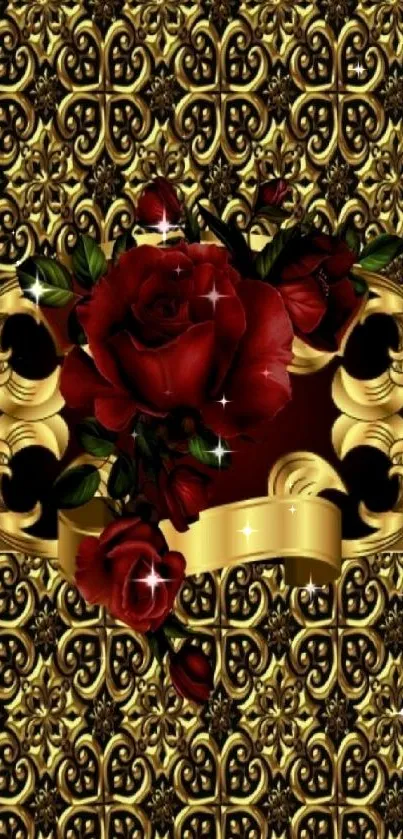 Luxurious gold and red rose phone wallpaper.