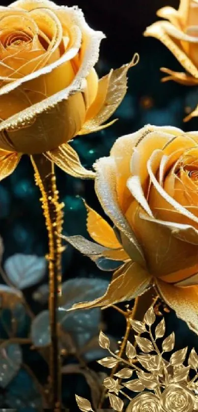 Golden roses against a dark backdrop, exuding elegance.