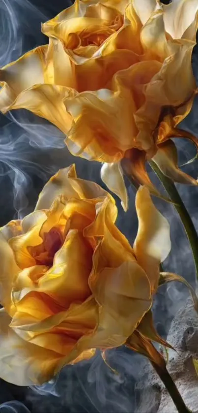 Golden roses against a smoky background.