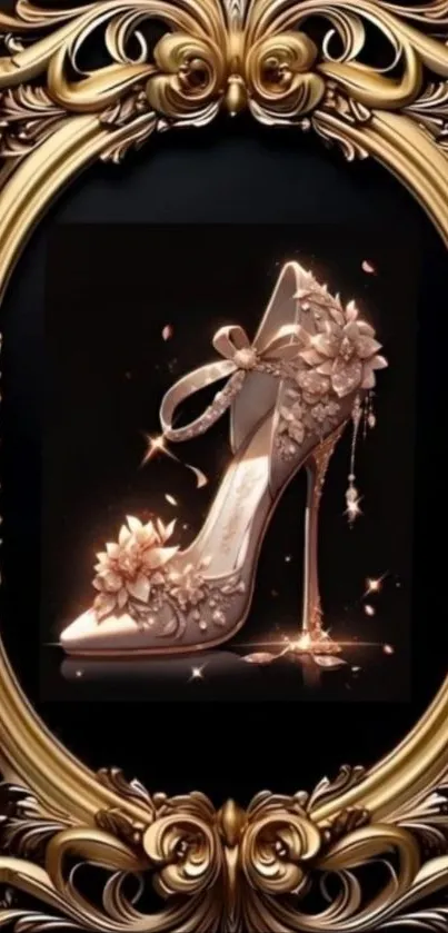 Golden high-heeled shoe with floral decor in ornate frame.