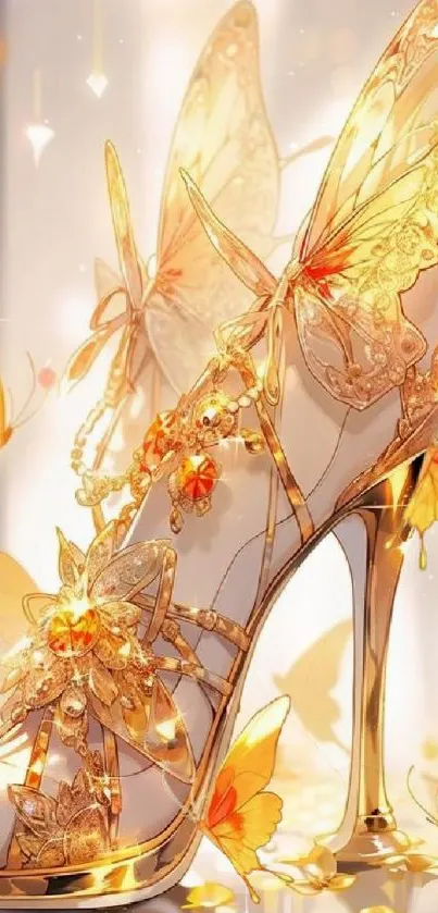 Golden high-heeled shoe with butterflies.