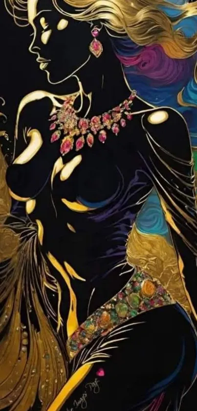Stylized golden silhouette with vivid colors and jewels