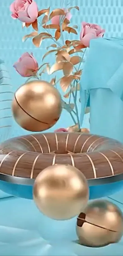 Elegant wallpaper with golden spheres and turquoise backdrop.