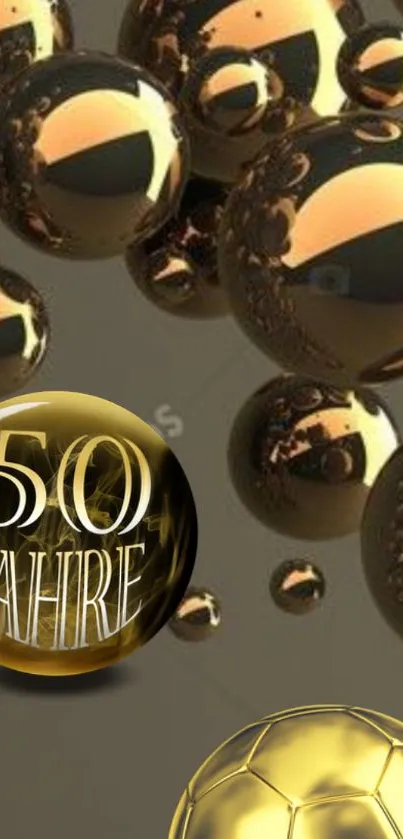 Golden spheres with "50 Jahre" on a mobile wallpaper.