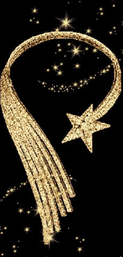 Mobile wallpaper with a golden star and sparkling trails on a black background.