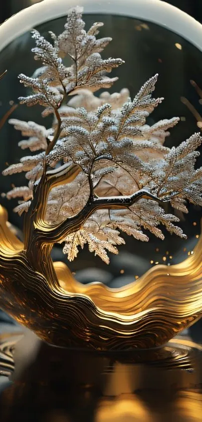 Elegant golden tree encased in a decorative globe on a mobile wallpaper.