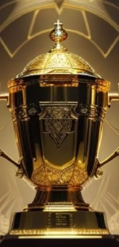 Golden trophy with ornate design on a decorative background.