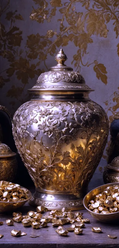 Golden vase with intricate designs and gold accents on display.