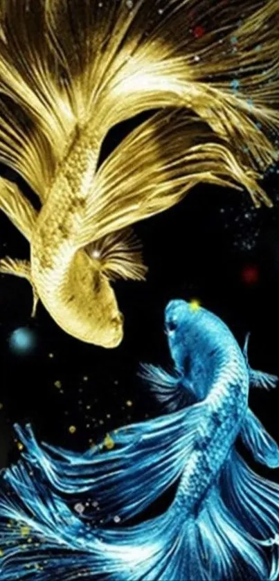 Elegant gold and blue fish swimming on dark wallpaper.