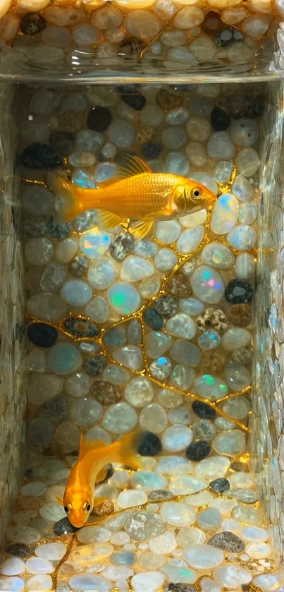 Two goldfish swimming in a mosaic glass tank.