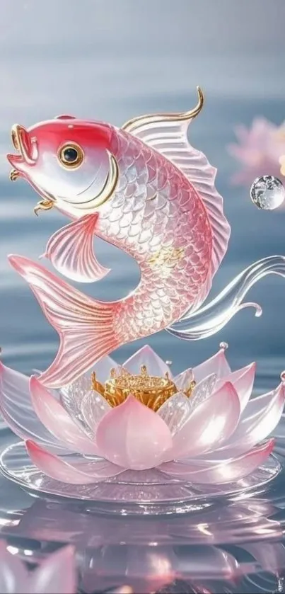 Goldfish sculpture on a blooming pink lotus in water.