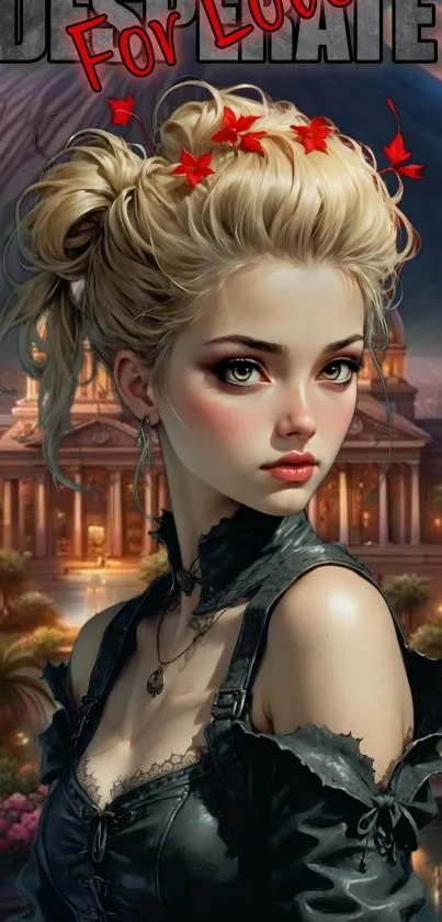 Anime gothic girl with blonde hair and cityscape background.