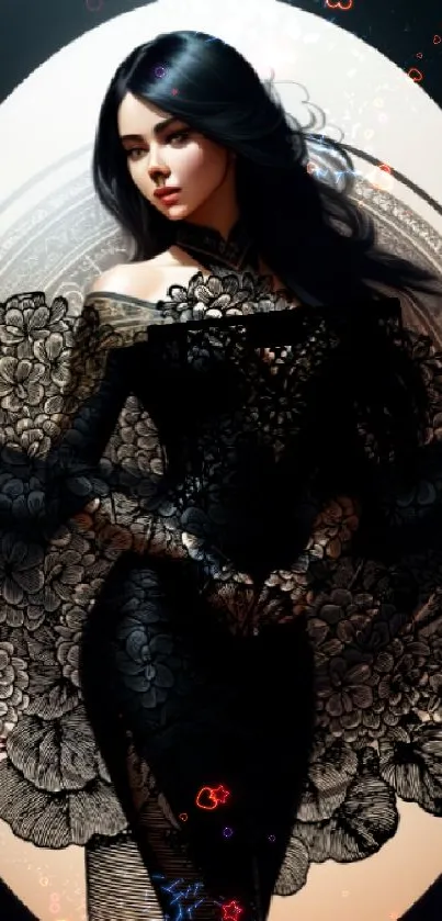 Elegant woman in black lace gothic art wallpaper.