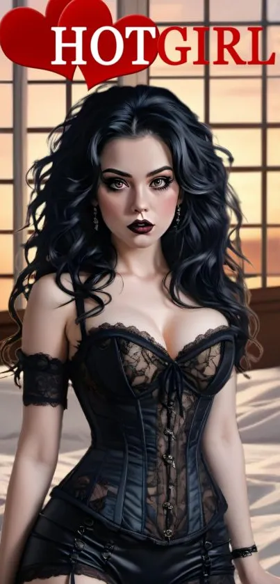 Gothic art wallpaper of a woman in a corset with a dark and elegant theme.