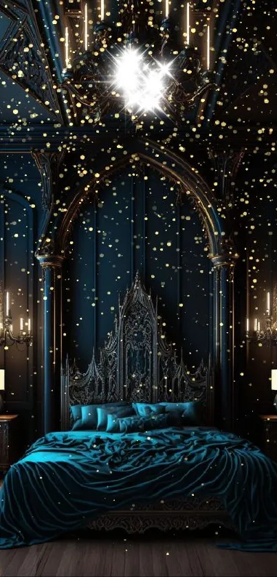 Gothic bedroom with ornate bed and chandelier in dark blue hues.