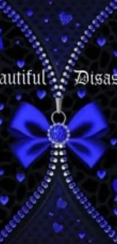 Gothic blue wallpaper with floral and ribbon patterns.