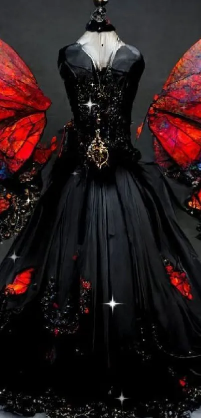 Gothic dress with red butterfly wings on a dark background.