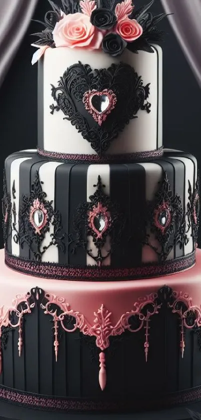 Gothic-themed cake with roses and intricate designs.