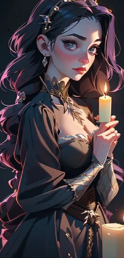 Gothic art wallpaper of a woman holding candles, exuding elegance and mystery.