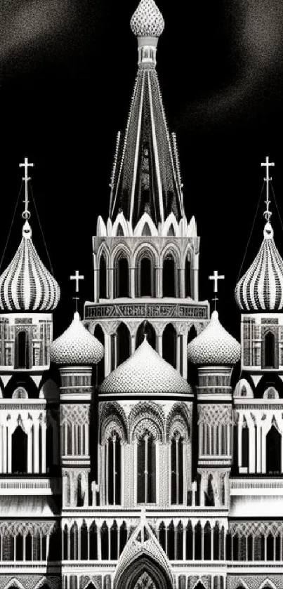 Black and white artwork of a gothic-style cathedral under a night sky.