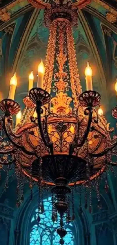 Ornate Gothic chandelier casting warm glow in elegant setting.