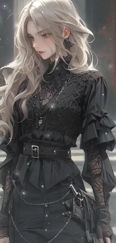 Gothic anime character with black attire and blonde hair in a mystical setting.