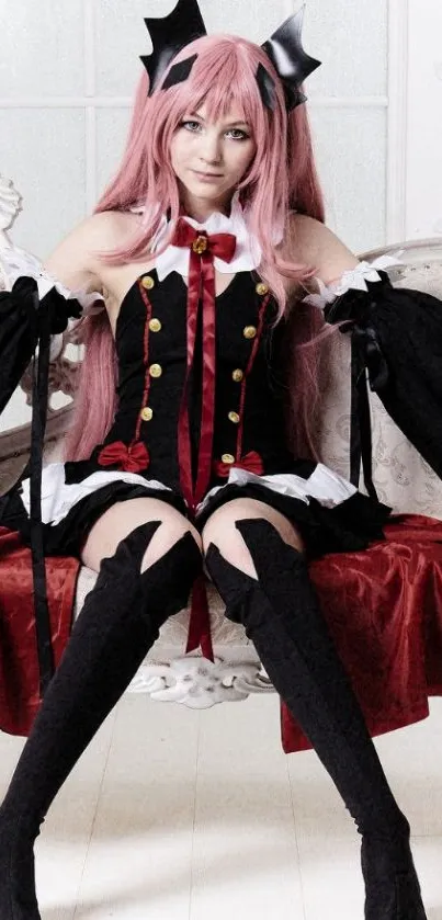 Gothic cosplay character sitting elegantly with intricate costume design.