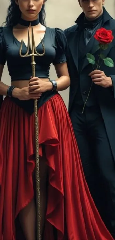 Elegant gothic couple with trident and rose.