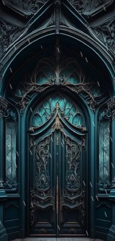 Ornate Gothic door with intricate teal patterns