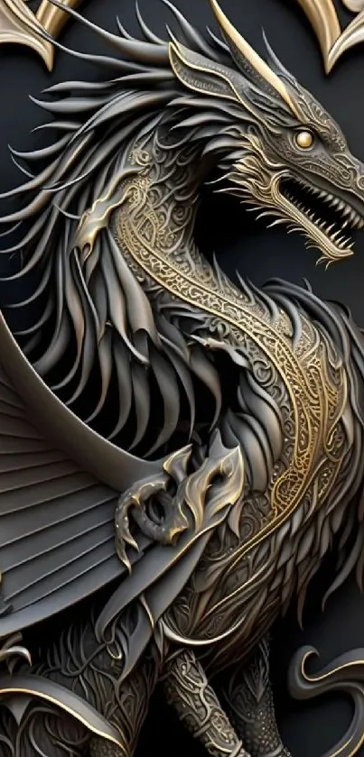 Elegant Gothic dragon with detailed gold accents on a black background.