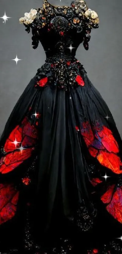 Elegant Gothic dress with red accents against a dark backdrop.