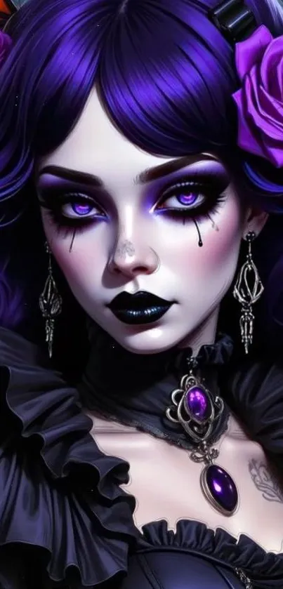 Gothic fantasy artwork of a mysterious woman in purple tones.