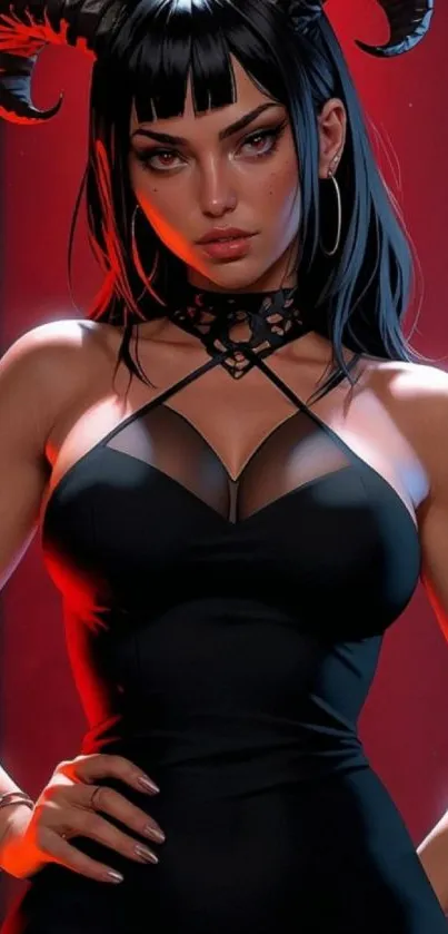 Gothic fantasy art of a horned woman in a black dress.