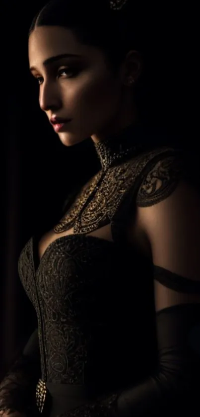 Elegant gothic fashion portrait in dark tones.