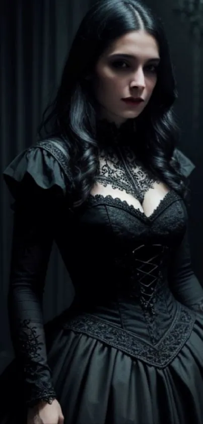 Gothic fashion wallpaper with dark, elegant dress and intricate lace detailing.