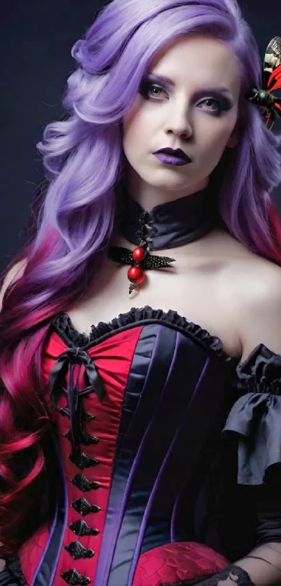 Gothic themed wallpaper with purple-haired woman and butterfly.