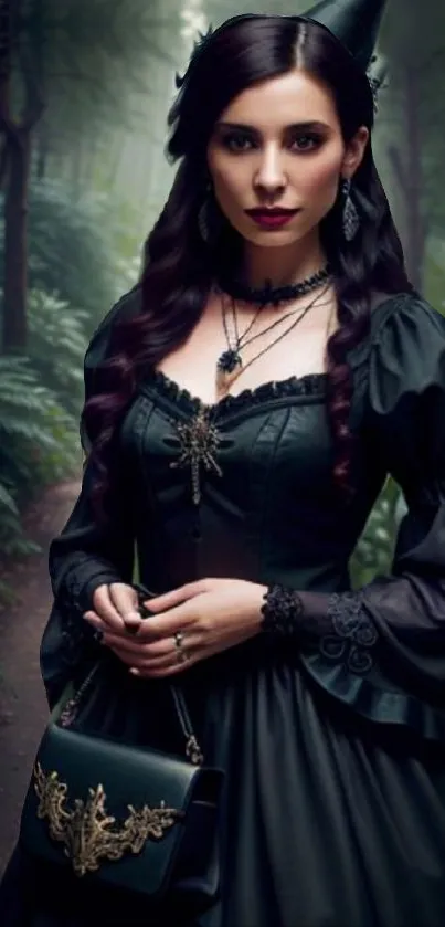 Gothic woman in dark dress in forest