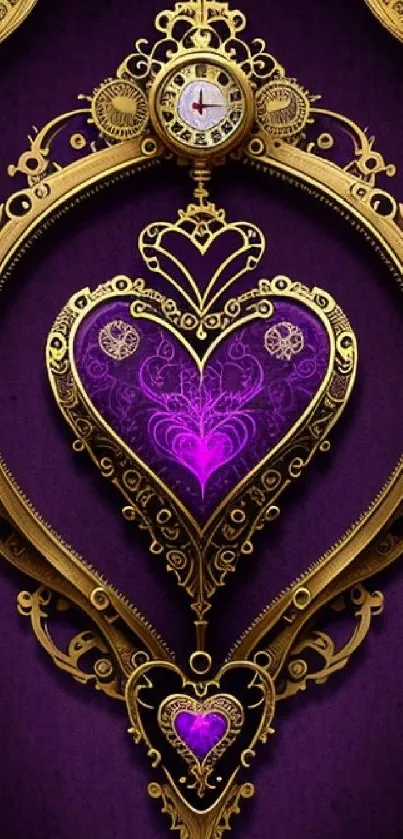 Gothic heart with golden frame on purple background.