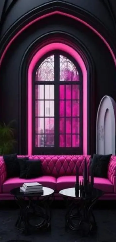 Gothic-themed interior with pink accents.