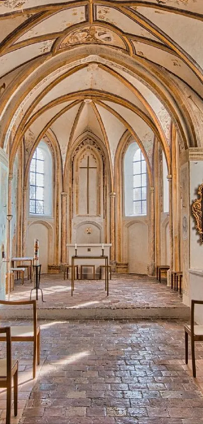 Gothic-style interior with arches and chairs, elegant and historic design.