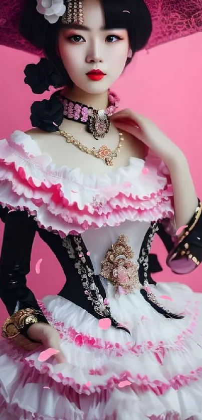 Elegant Gothic Lolita style in pink and white with intricate detailing.