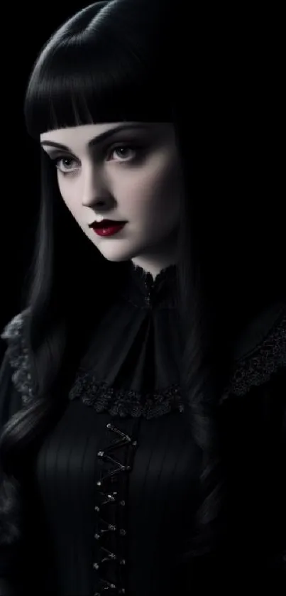 Elegant gothic portrait of a woman in dark attire with black background.