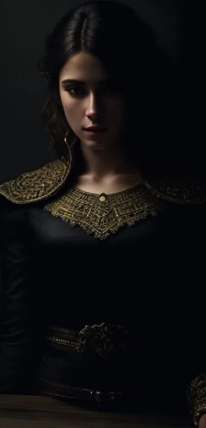 Gothic woman portrait with golden details in dark ambiance.