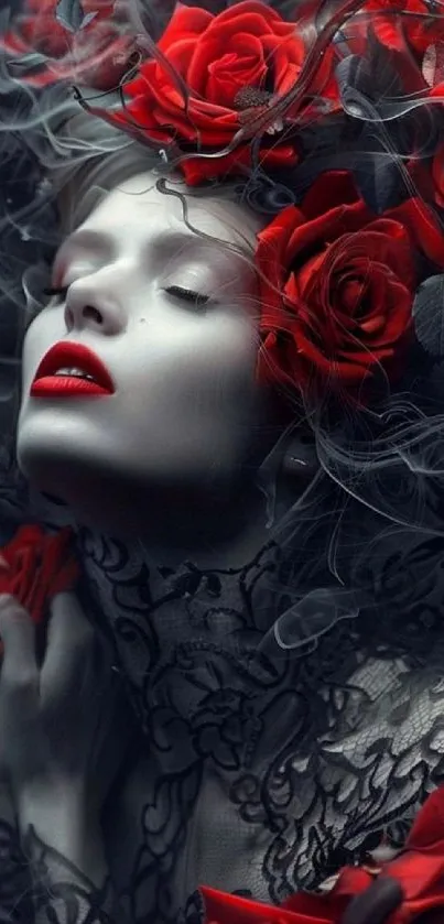 Gothic woman with red roses and lace design in dark hues.