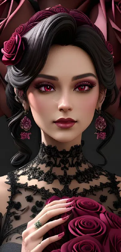 Gothic woman with roses in dark red tones.