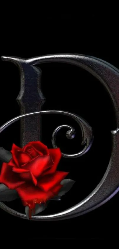 Gothic letter 'D' with red rose on black background