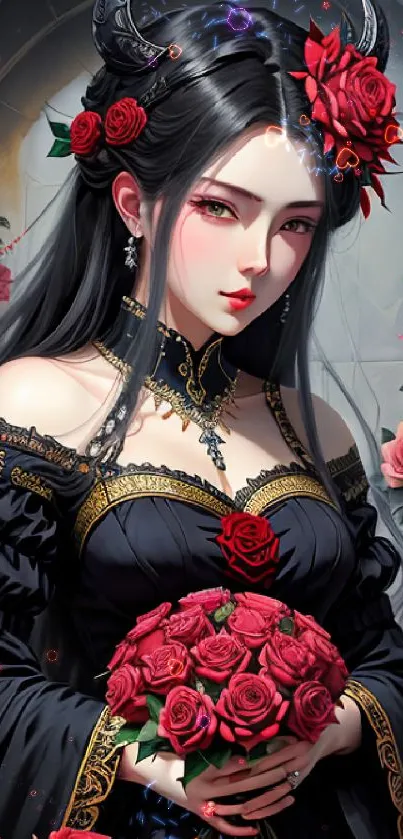 Elegant gothic wallpaper with woman and red roses.