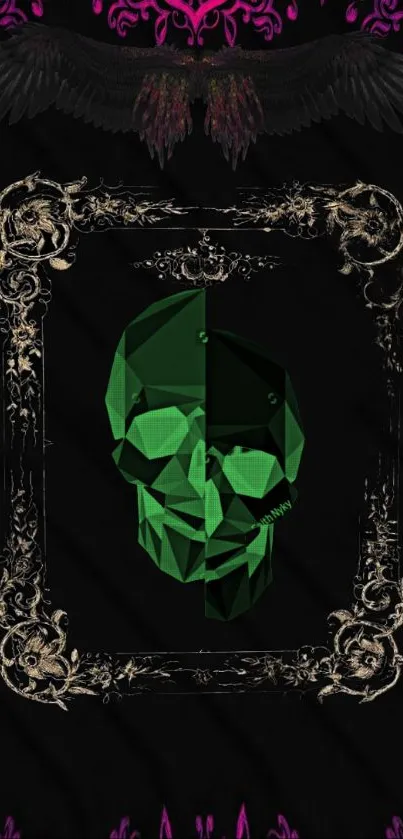 Green geometric skull with ornate frame on black Gothic wallpaper.