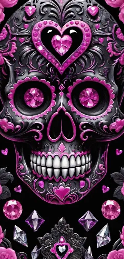Decorative sugar skull with pink roses and jewels